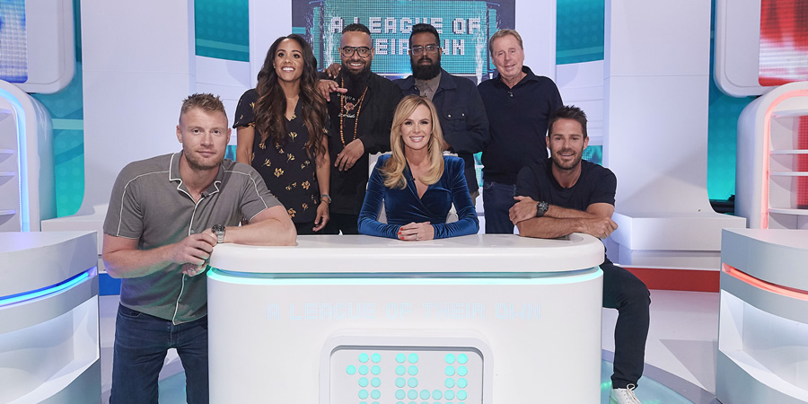 A League Of Their Own. Image shows from L to R: Andrew Flintoff, Alex Scott, Guz Khan, Amanda Holden, Romesh Ranganathan, Harry Redknapp, Jamie Redknapp. Copyright: CPL Productions. A League Of Their Own. Image shows from L to R: Andrew Flintoff, Alex Scott, Guz Khan, Amanda Holden, Romesh Ranganathan, Harry Redknapp, Jamie Redknapp. Copyright: CPL Productions.