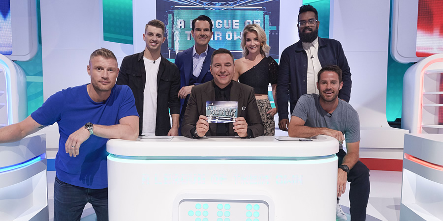A League Of Their Own. Image shows from L to R: Andrew Flintoff, Max Whitlock, Jimmy Carr, David Walliams, Helen Skelton, Romesh Ranganathan, Jamie Redknapp. Copyright: CPL Productions. A League Of Their Own. Image shows from L to R: Andrew Flintoff, Max Whitlock, Jimmy Carr, David Walliams, Helen Skelton, Romesh Ranganathan, Jamie Redknapp. Copyright: CPL Productions.