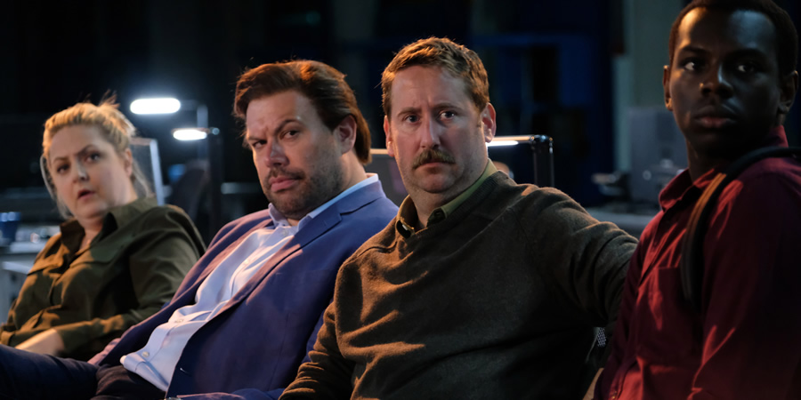 Action Team. Image shows from L to R: Monica (Laura Checkley), Logan (Tom Davis), Graham (Jim Howick), Huxley (Kayode Ewumi). Action Team. Image shows from L to R: Monica (Laura Checkley), Logan (Tom Davis), Graham (Jim Howick), Huxley (Kayode Ewumi).