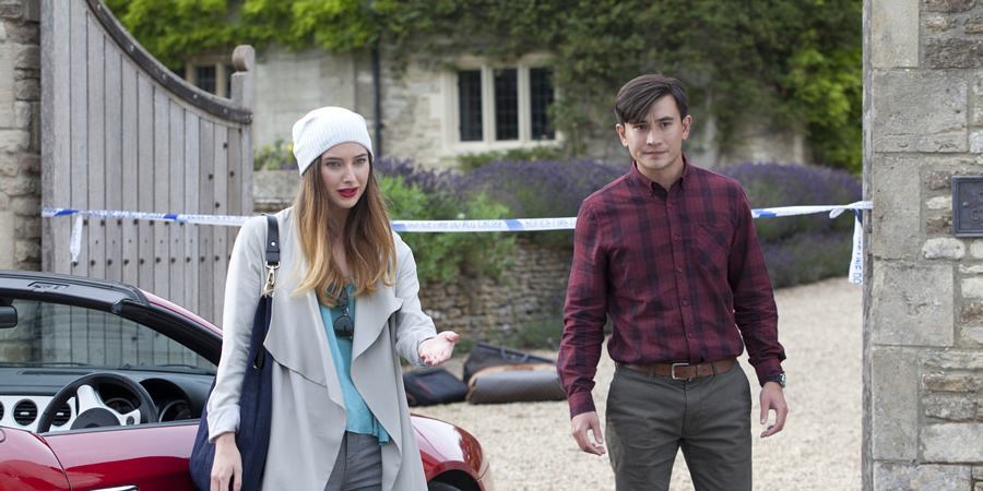 Agatha Raisin. Image shows from L to R: Beth Fortune (Antonia Clarke), DC Bill Wong (Matt McCooey). Copyright: Mammoth Screen. Agatha Raisin. Image shows from L to R: Beth Fortune (Antonia Clarke), DC Bill Wong (Matt McCooey). Copyright: Mammoth Screen.