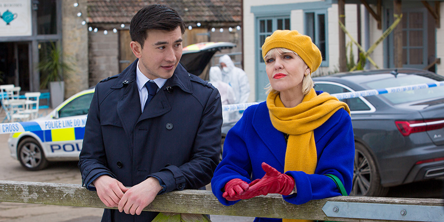 Agatha Raisin. Image shows from L to R: DC Bill Wong (Matt McCooey), Agatha Raisin (Ashley Jensen). Agatha Raisin. Image shows from L to R: DC Bill Wong (Matt McCooey), Agatha Raisin (Ashley Jensen).