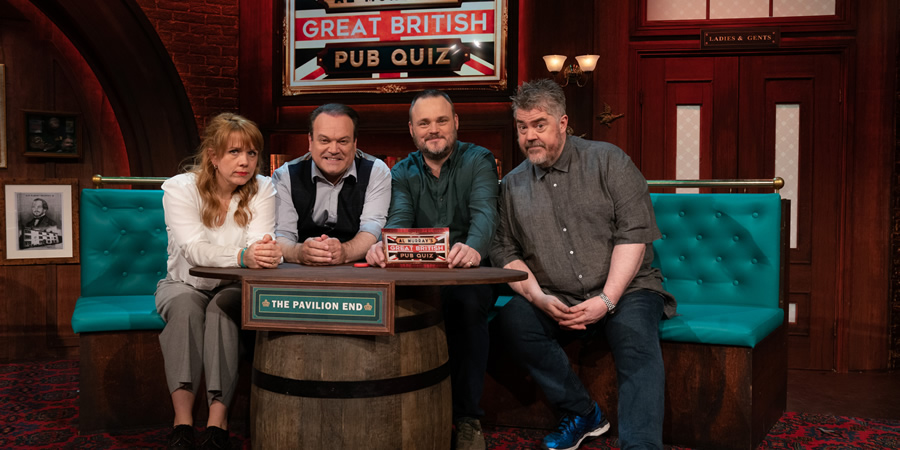 Al Murray's Great British Pub Quiz. Image shows from L to R: Kerry Godliman, Shaun Williamson, Al Murray, Phill Jupitus. Copyright: Avalon Television. Al Murray's Great British Pub Quiz. Image shows from L to R: Kerry Godliman, Shaun Williamson, Al Murray, Phill Jupitus. Copyright: Avalon Television.