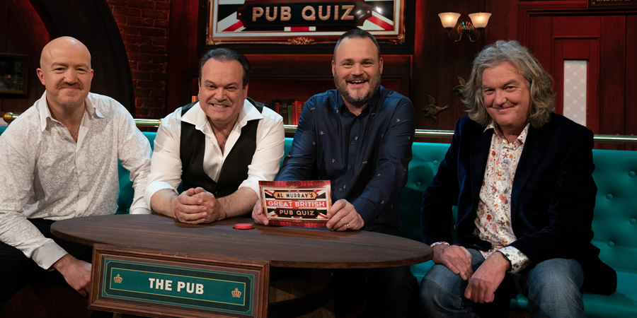 Al Murray's Great British Pub Quiz. Image shows from L to R: Andy Parsons, Shaun Williamson, Al Murray, James May. Copyright: Avalon Television. Al Murray's Great British Pub Quiz. Image shows from L to R: Andy Parsons, Shaun Williamson, Al Murray, James May. Copyright: Avalon Television.