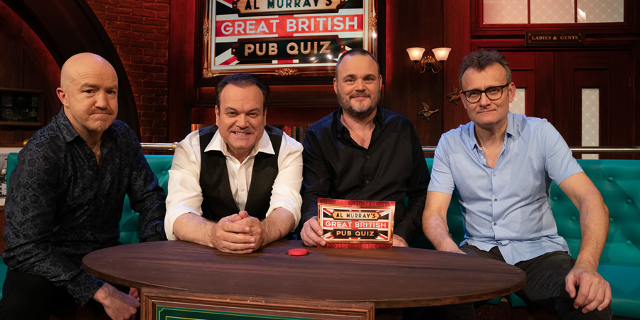 Al Murray's Great British Pub Quiz. Image shows from L to R: Andy Parsons, Shaun Williamson, Al Murray, Hugh Dennis. Copyright: Avalon Television. Al Murray's Great British Pub Quiz. Image shows from L to R: Andy Parsons, Shaun Williamson, Al Murray, Hugh Dennis. Copyright: Avalon Television.