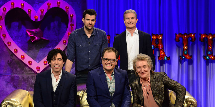 Alan Carr: Chatty Man. Image shows from L to R: Stephen Mangan, Steve Jones, Alan Carr, David Coulthard, Rod Stewart. Copyright: Open Mike Productions. Alan Carr: Chatty Man. Image shows from L to R: Stephen Mangan, Steve Jones, Alan Carr, David Coulthard, Rod Stewart. Copyright: Open Mike Productions.