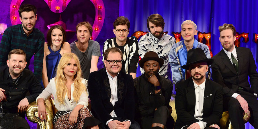 Alan Carr: Chatty Man. Image shows from L to R: Greg McHugh, Jack Whitehall, Charlotte Ritchie, Paloma Faith, Joe Thomas, Alan Carr, Emre Türkmen, William Adams, Mikey Goldsworthy, Olly Alexander, Boy George, Ricky Wilson. Copyright: Open Mike Productions. Alan Carr: Chatty Man. Image shows from L to R: Greg McHugh, Jack Whitehall, Charlotte Ritchie, Paloma Faith, Joe Thomas, Alan Carr, Emre Türkmen, William Adams, Mikey Goldsworthy, Olly Alexander, Boy George, Ricky Wilson. Copyright: Open Mike Productions.