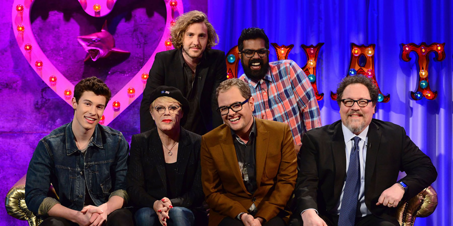 Alan Carr: Chatty Man. Image shows from L to R: Shawn Mendes, Eddie Izzard, Seann Walsh, Alan Carr, Romesh Ranganathan, Jon Favreau. Copyright: Open Mike Productions. Alan Carr: Chatty Man. Image shows from L to R: Shawn Mendes, Eddie Izzard, Seann Walsh, Alan Carr, Romesh Ranganathan, Jon Favreau. Copyright: Open Mike Productions.