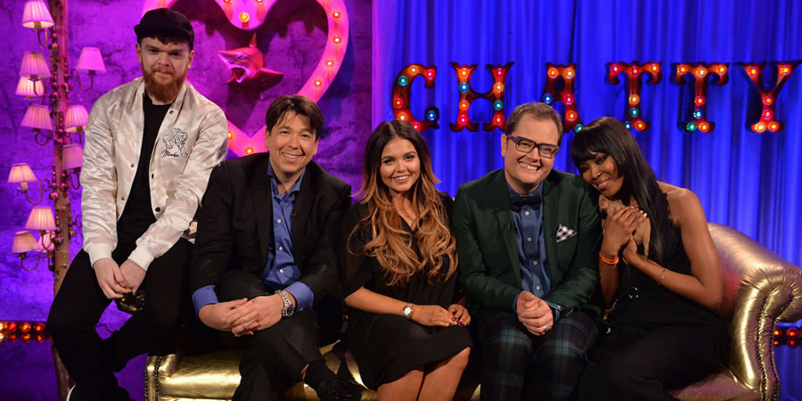 Alan Carr: Chatty Man. Image shows from L to R: Jack Garratt, Michael McIntyre, Scarlett Moffatt, Alan Carr, Naomi Campbell. Copyright: Open Mike Productions. Alan Carr: Chatty Man. Image shows from L to R: Jack Garratt, Michael McIntyre, Scarlett Moffatt, Alan Carr, Naomi Campbell. Copyright: Open Mike Productions.