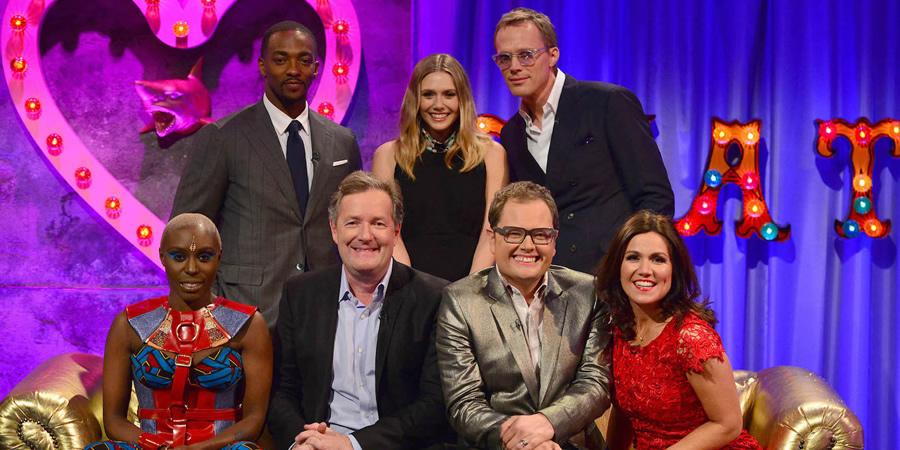 Alan Carr: Chatty Man. Image shows from L to R: Laura Mvula, Anthony Mackie, Piers Morgan, Elizabeth Olsen, Alan Carr, Paul Bettany, Susanna Reid. Alan Carr: Chatty Man. Image shows from L to R: Laura Mvula, Anthony Mackie, Piers Morgan, Elizabeth Olsen, Alan Carr, Paul Bettany, Susanna Reid.