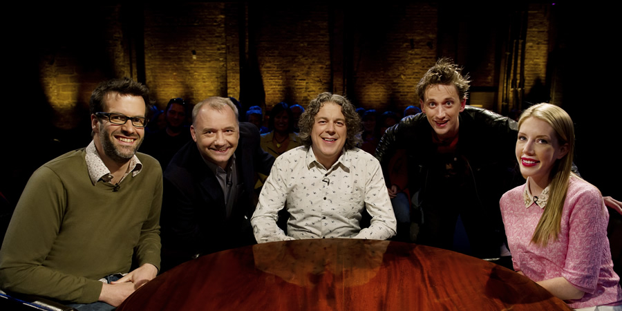 Alan Davies: As Yet Untitled. Image shows from L to R: Marcus Brigstocke, Bob Mortimer, Alan Davies, John Robins, Katherine Ryan. Alan Davies: As Yet Untitled. Image shows from L to R: Marcus Brigstocke, Bob Mortimer, Alan Davies, John Robins, Katherine Ryan.