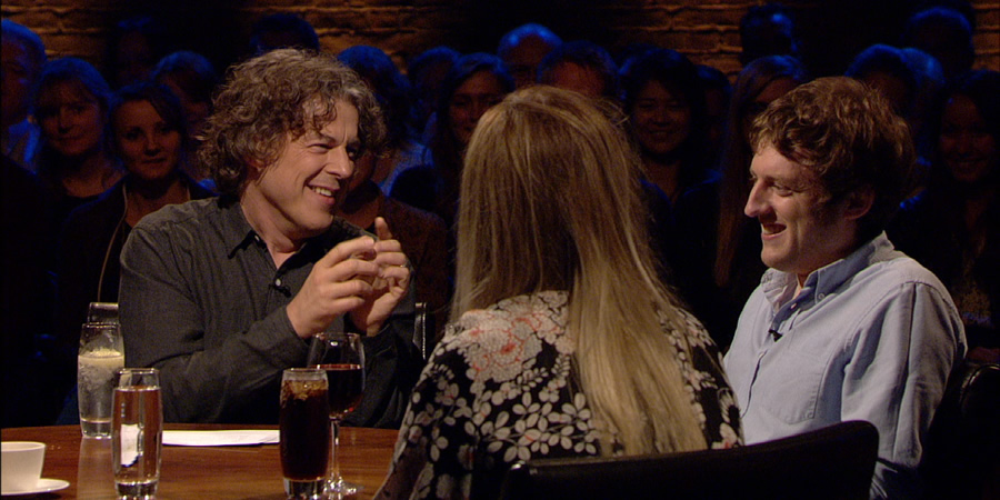 Alan Davies: As Yet Untitled. Image shows from L to R: Alan Davies, Roisin Conaty, Elis James. Alan Davies: As Yet Untitled. Image shows from L to R: Alan Davies, Roisin Conaty, Elis James.