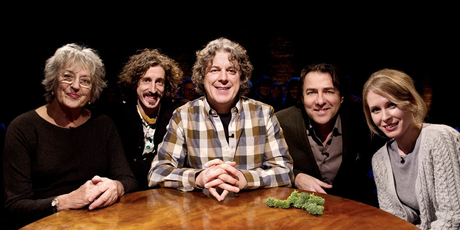 Alan Davies: As Yet Untitled. Image shows from L to R: Germaine Greer, Tom Wrigglesworth, Alan Davies, Jonathan Ross, Lucy Beaumont. Alan Davies: As Yet Untitled. Image shows from L to R: Germaine Greer, Tom Wrigglesworth, Alan Davies, Jonathan Ross, Lucy Beaumont.