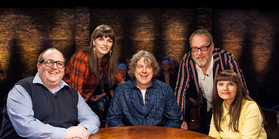Alan Davies: As Yet Untitled. Image shows from L to R: Justin Moorhouse, Aisling Bea, Alan Davies, Vic Reeves, Jo Enright. Copyright: Phil McIntyre Entertainment. Alan Davies: As Yet Untitled. Image shows from L to R: Justin Moorhouse, Aisling Bea, Alan Davies, Vic Reeves, Jo Enright. Copyright: Phil McIntyre Entertainment.