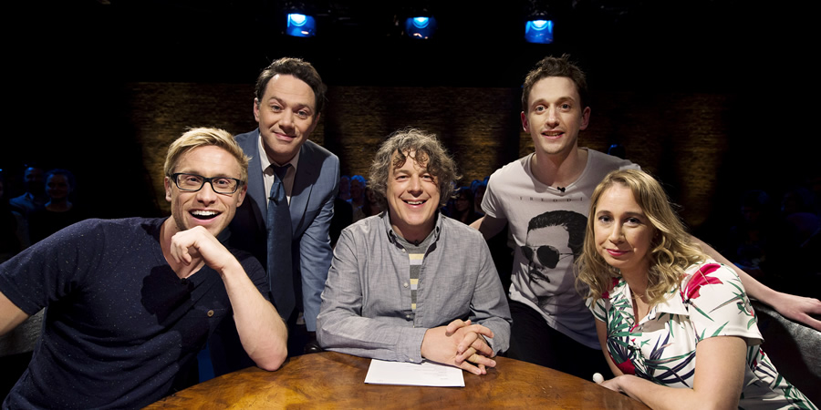 Alan Davies: As Yet Untitled. Image shows from L to R: Russell Howard, Reece Shearsmith, Alan Davies, John Robins, Tiffany Stevenson. Copyright: Phil McIntyre Entertainment. Alan Davies: As Yet Untitled. Image shows from L to R: Russell Howard, Reece Shearsmith, Alan Davies, John Robins, Tiffany Stevenson. Copyright: Phil McIntyre Entertainment.