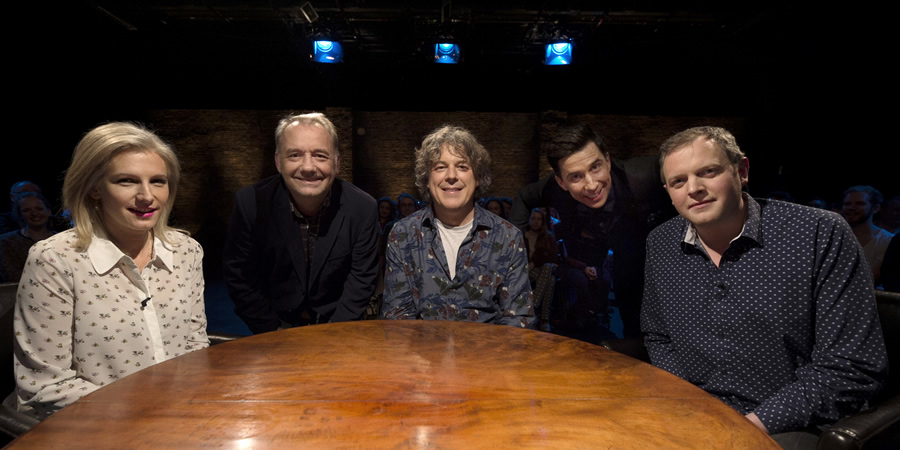 Alan Davies: As Yet Untitled. Image shows from L to R: Lucy Montgomery, Bob Mortimer, Alan Davies, Russell Kane, Miles Jupp. Copyright: Phil McIntyre Entertainment. Alan Davies: As Yet Untitled. Image shows from L to R: Lucy Montgomery, Bob Mortimer, Alan Davies, Russell Kane, Miles Jupp. Copyright: Phil McIntyre Entertainment.