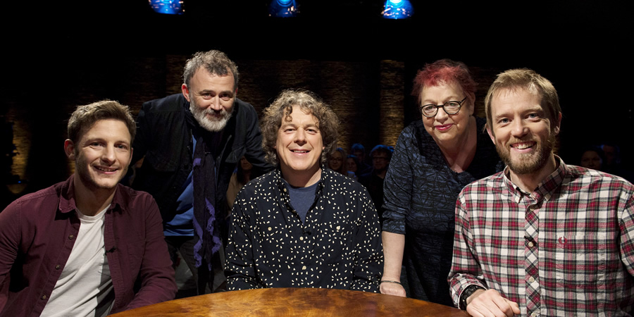 Alan Davies: As Yet Untitled. Image shows from L to R: Chris Martin, Tommy Tiernan, Alan Davies, Jo Brand, Alun Cochrane. Copyright: Phil McIntyre Entertainment. Alan Davies: As Yet Untitled. Image shows from L to R: Chris Martin, Tommy Tiernan, Alan Davies, Jo Brand, Alun Cochrane. Copyright: Phil McIntyre Entertainment.