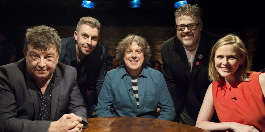 Alan Davies: As Yet Untitled. Image shows from L to R: Stuart Maconie, Carl Donnelly, Alan Davies, Phill Jupitus, Pippa Evans. Copyright: Phil McIntyre Entertainment. Alan Davies: As Yet Untitled. Image shows from L to R: Stuart Maconie, Carl Donnelly, Alan Davies, Phill Jupitus, Pippa Evans. Copyright: Phil McIntyre Entertainment.