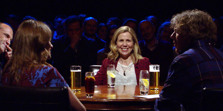 Alan Davies: As Yet Untitled. Image shows from L to R: Johnny Vaughan, Ellie Taylor, Sally Phillips, Alan Davies. Copyright: Phil McIntyre Entertainment. Alan Davies: As Yet Untitled. Image shows from L to R: Johnny Vaughan, Ellie Taylor, Sally Phillips, Alan Davies. Copyright: Phil McIntyre Entertainment.