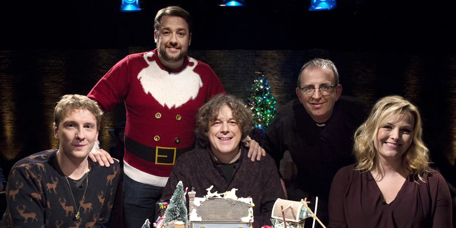 Alan Davies: As Yet Untitled. Image shows from L to R: Joe Lycett, Jason Manford, Alan Davies, Richard Coles, Jo Joyner. Copyright: Phil McIntyre Entertainment. Alan Davies: As Yet Untitled. Image shows from L to R: Joe Lycett, Jason Manford, Alan Davies, Richard Coles, Jo Joyner. Copyright: Phil McIntyre Entertainment.