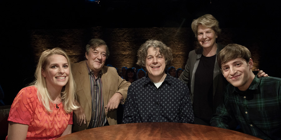 Alan Davies: As Yet Untitled. Image shows from L to R: Sara Pascoe, Stephen Fry, Alan Davies, Sandi Toksvig, Alex Edelman. Alan Davies: As Yet Untitled. Image shows from L to R: Sara Pascoe, Stephen Fry, Alan Davies, Sandi Toksvig, Alex Edelman.
