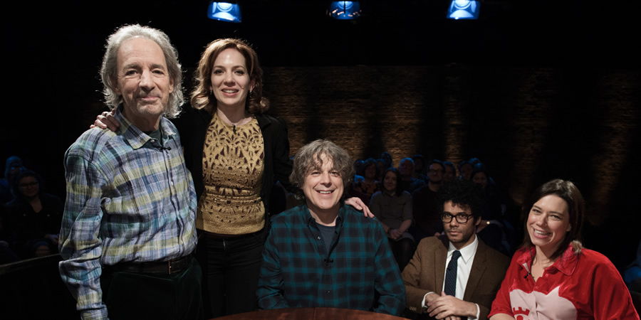 Alan Davies: As Yet Untitled. Image shows from L to R: Harry Shearer, Katherine Parkinson, Alan Davies, Richard Ayoade, Lou Sanders. Alan Davies: As Yet Untitled. Image shows from L to R: Harry Shearer, Katherine Parkinson, Alan Davies, Richard Ayoade, Lou Sanders.