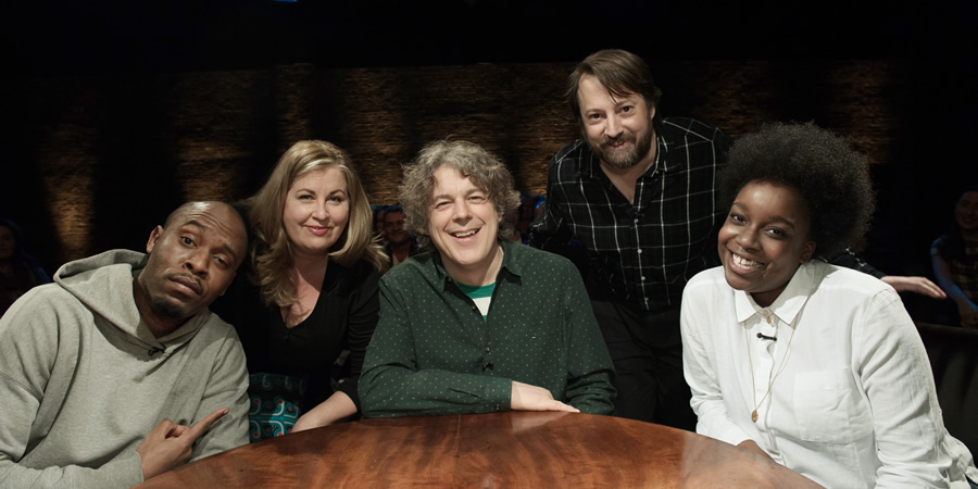 Alan Davies: As Yet Untitled. Image shows from L to R: Dane Baptiste, Liza Tarbuck, Alan Davies, David Mitchell, Lolly Adefope. Alan Davies: As Yet Untitled. Image shows from L to R: Dane Baptiste, Liza Tarbuck, Alan Davies, David Mitchell, Lolly Adefope.