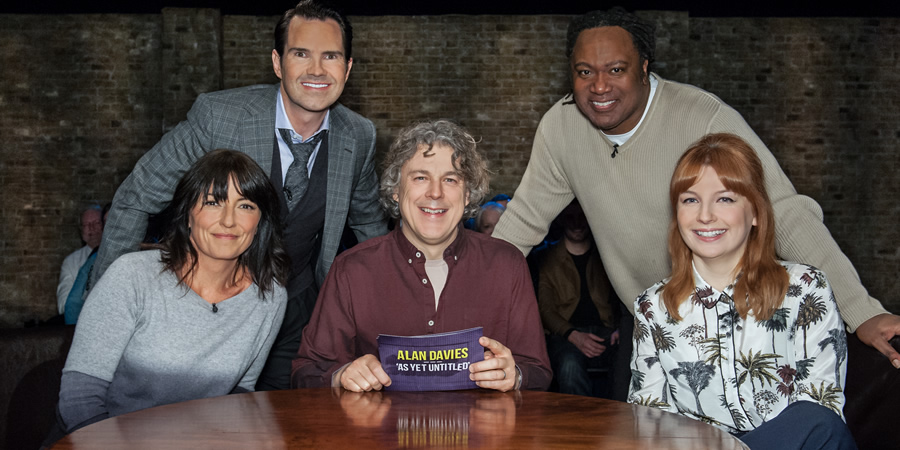 Alan Davies: As Yet Untitled. Image shows from L to R: Davina McCall, Jimmy Carr, Alan Davies, Reginald D Hunter, Alice Levine. Copyright: Phil McIntyre Entertainment. Alan Davies: As Yet Untitled. Image shows from L to R: Davina McCall, Jimmy Carr, Alan Davies, Reginald D Hunter, Alice Levine. Copyright: Phil McIntyre Entertainment.