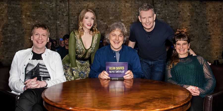 Alan Davies: As Yet Untitled. Image shows from L to R: Joe Lycett, Katherine Ryan, Alan Davies, Patrick Kielty, Annie Siddons. Copyright: Phil McIntyre Entertainment. Alan Davies: As Yet Untitled. Image shows from L to R: Joe Lycett, Katherine Ryan, Alan Davies, Patrick Kielty, Annie Siddons. Copyright: Phil McIntyre Entertainment.