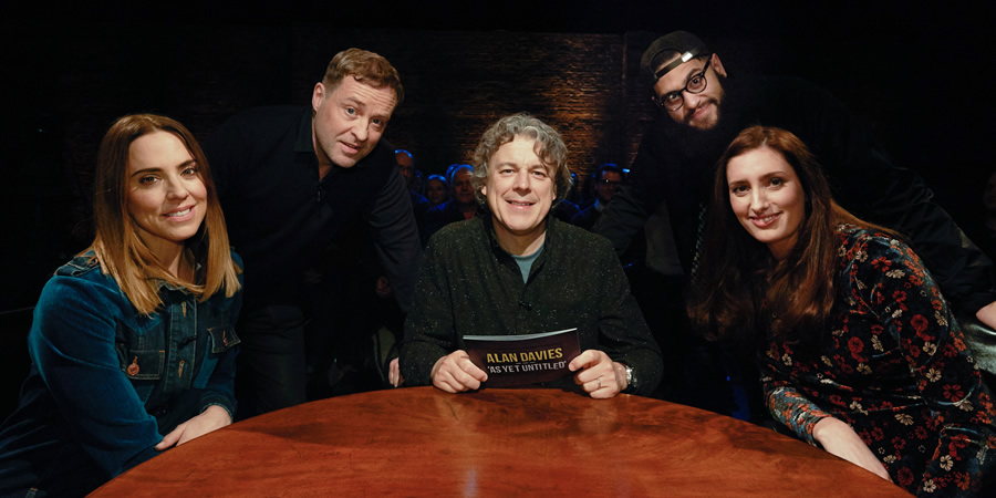 Alan Davies: As Yet Untitled. Image shows from L to R: Melanie Chisholm, Ardal O'Hanlon, Alan Davies, Jamali Maddix, Jessica Knappett. Copyright: Phil McIntyre Entertainment. Alan Davies: As Yet Untitled. Image shows from L to R: Melanie Chisholm, Ardal O'Hanlon, Alan Davies, Jamali Maddix, Jessica Knappett. Copyright: Phil McIntyre Entertainment.