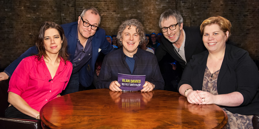 Alan Davies: As Yet Untitled. Image shows from L to R: Lou Sanders, Jack Dee, Alan Davies, Ian Stone, Katy Brand. Copyright: Phil McIntyre Entertainment. Alan Davies: As Yet Untitled. Image shows from L to R: Lou Sanders, Jack Dee, Alan Davies, Ian Stone, Katy Brand. Copyright: Phil McIntyre Entertainment.