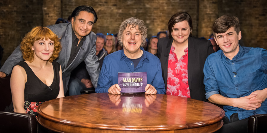Alan Davies: As Yet Untitled. Image shows from L to R: Sophie Willan, Sanjeev Bhaskar, Alan Davies, Susan Calman, Ivo Graham. Copyright: Phil McIntyre Entertainment. Alan Davies: As Yet Untitled. Image shows from L to R: Sophie Willan, Sanjeev Bhaskar, Alan Davies, Susan Calman, Ivo Graham. Copyright: Phil McIntyre Entertainment.