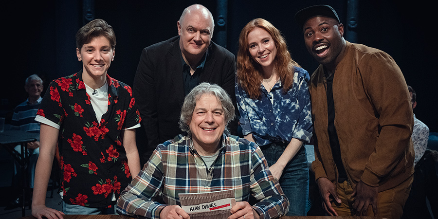 Alan Davies: As Yet Untitled. Image shows from L to R: Sarah Keyworth, Dara O Briain, Alan Davies, Angela Scanlon, Darren Harriott. Copyright: Phil McIntyre Entertainment. Alan Davies: As Yet Untitled. Image shows from L to R: Sarah Keyworth, Dara O Briain, Alan Davies, Angela Scanlon, Darren Harriott. Copyright: Phil McIntyre Entertainment.