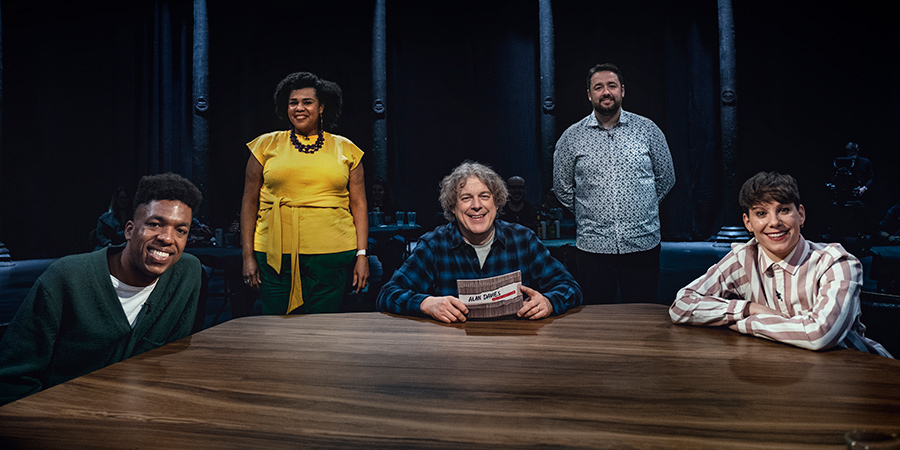 Alan Davies: As Yet Untitled. Image shows from L to R: Toussaint Douglass, Desiree Burch, Alan Davies, Jason Manford, Suzi Ruffell. Copyright: Phil McIntyre Entertainment. Alan Davies: As Yet Untitled. Image shows from L to R: Toussaint Douglass, Desiree Burch, Alan Davies, Jason Manford, Suzi Ruffell. Copyright: Phil McIntyre Entertainment.