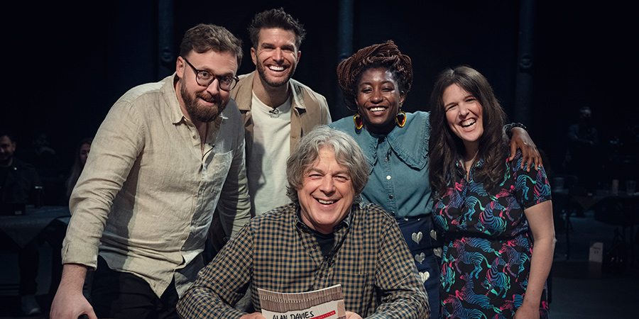 Alan Davies: As Yet Untitled. Image shows from L to R: John Kearns, Joel Dommett, Alan Davies, Sophie Duker, Rosie Jones. Copyright: Phil McIntyre Entertainment. Alan Davies: As Yet Untitled. Image shows from L to R: John Kearns, Joel Dommett, Alan Davies, Sophie Duker, Rosie Jones. Copyright: Phil McIntyre Entertainment.