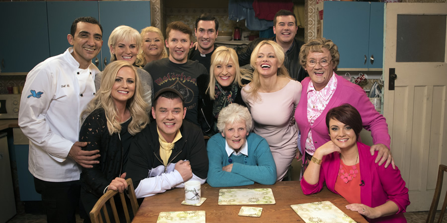 All Round To Mrs. Brown's. Image shows from L to R: Aly Mahmoud, Betty Brown (Amanda Woods), Judy Murray, Sharon McGoogan (Fiona Gibney), Buster Brady (Danny O'Carroll), James Blunt, Father Damien (Conor Moloney), Cathy Brown (Jennifer Gibney), Shirley Erskine, Pamela Anderson, Dermot Brown (Paddy Houlihan), Mrs Brown (Brendan O'Carroll), Maria Brown (Fiona O'Carroll). All Round To Mrs. Brown's. Image shows from L to R: Aly Mahmoud, Betty Brown (Amanda Woods), Judy Murray, Sharon McGoogan (Fiona Gibney), Buster Brady (Danny O'Carroll), James Blunt, Father Damien (Conor Moloney), Cathy Brown (Jennifer Gibney), Shirley Erskine, Pamela Anderson, Dermot Brown (Paddy Houlihan), Mrs Brown (Brendan O'Carroll), Maria Brown (Fiona O'Carroll).