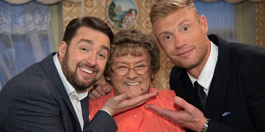 All Round To Mrs. Brown's. Image shows from L to R: Jason Manford, Mrs Brown (Brendan O'Carroll), Andrew Flintoff. All Round To Mrs. Brown's. Image shows from L to R: Jason Manford, Mrs Brown (Brendan O'Carroll), Andrew Flintoff.