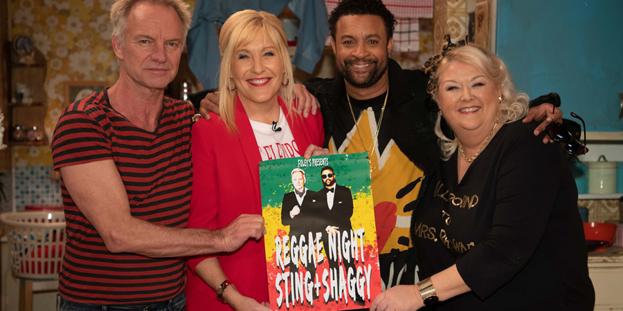All Round To Mrs. Brown's. Image shows from L to R: Gordon Sumner, Cathy Brown (Jennifer Gibney), Shaggy, Sharon McGoogan (Fiona Gibney). All Round To Mrs. Brown's. Image shows from L to R: Gordon Sumner, Cathy Brown (Jennifer Gibney), Shaggy, Sharon McGoogan (Fiona Gibney).