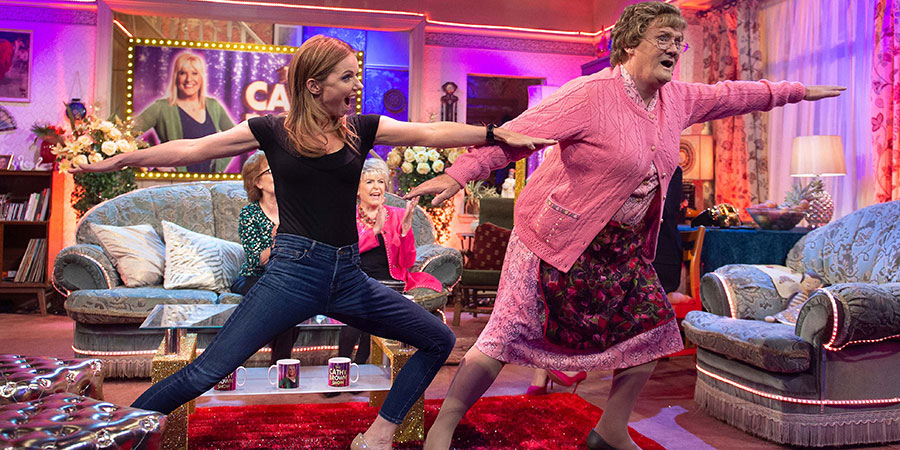 All Round To Mrs. Brown's. Image shows from L to R: Geri Halliwell, Mrs Brown (Brendan O'Carroll). All Round To Mrs. Brown's. Image shows from L to R: Geri Halliwell, Mrs Brown (Brendan O'Carroll).