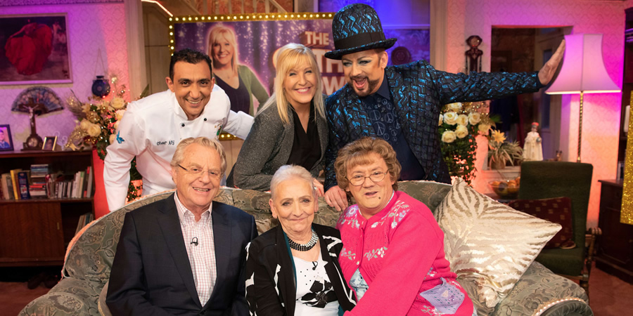 All Round To Mrs. Brown's. Image shows from L to R: Aly Mahmoud, Jerry Springer, Dinah O'Dowd, Cathy Brown (Jennifer Gibney), Mrs Brown (Brendan O'Carroll), Boy George. All Round To Mrs. Brown's. Image shows from L to R: Aly Mahmoud, Jerry Springer, Dinah O'Dowd, Cathy Brown (Jennifer Gibney), Mrs Brown (Brendan O'Carroll), Boy George.