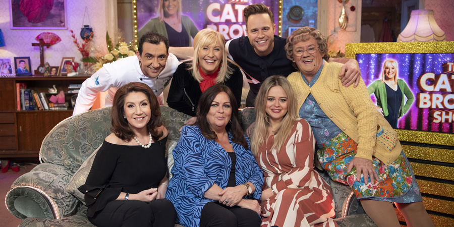 All Round To Mrs. Brown's. Image shows from L to R: Jane McDonald, Aly Mahmoud, Cathy Brown (Jennifer Gibney), Kate Robbins, Olly Murs, Emily Atack, Mrs Brown (Brendan O'Carroll). All Round To Mrs. Brown's. Image shows from L to R: Jane McDonald, Aly Mahmoud, Cathy Brown (Jennifer Gibney), Kate Robbins, Olly Murs, Emily Atack, Mrs Brown (Brendan O'Carroll).