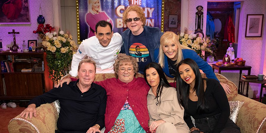 All Round To Mrs. Brown's. Image shows from L to R: Harry Redknapp, Aly Mahmoud, Mrs Brown (Brendan O'Carroll), Mick Hucknall, Sadie Benjamin, Cathy Brown (Jennifer Gibney), Maya Jama. All Round To Mrs. Brown's. Image shows from L to R: Harry Redknapp, Aly Mahmoud, Mrs Brown (Brendan O'Carroll), Mick Hucknall, Sadie Benjamin, Cathy Brown (Jennifer Gibney), Maya Jama.