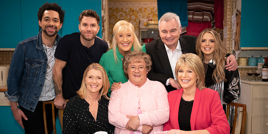All Round To Mrs. Brown's. Image shows from L to R: Ben Earle, Joel Dommett, Penny Dommett, Cathy Brown (Jennifer Gibney), Mrs Brown (Brendan O'Carroll), Eamonn Holmes, Ruth Langsford, Crissie Rhodes. All Round To Mrs. Brown's. Image shows from L to R: Ben Earle, Joel Dommett, Penny Dommett, Cathy Brown (Jennifer Gibney), Mrs Brown (Brendan O'Carroll), Eamonn Holmes, Ruth Langsford, Crissie Rhodes.