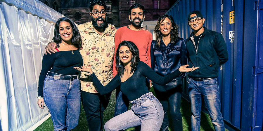 Asian Network Comedy. Image shows from L to R: Emily Lloyd Saini, Eshaan Akbar, Harpz Kaur, Sumit Anand, Shazia Mirza, Arnab Chanda. Copyright: BBC. Asian Network Comedy. Image shows from L to R: Emily Lloyd Saini, Eshaan Akbar, Harpz Kaur, Sumit Anand, Shazia Mirza, Arnab Chanda. Copyright: BBC.