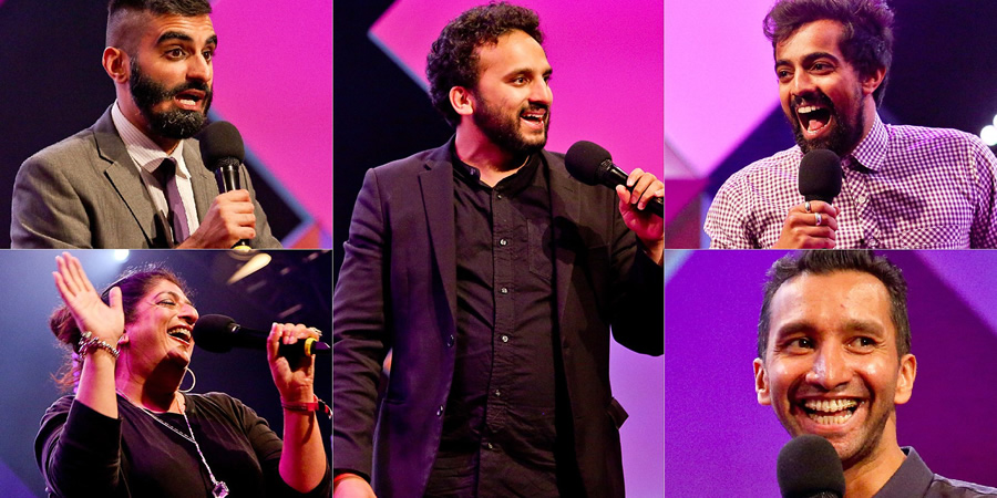 Asian Network Comedy. Image shows from L to R: Tez Ilyas, Sajeela Kershi, Nish Kumar, Rahul Kohli, Imran Yusuf. Copyright: BBC. Asian Network Comedy. Image shows from L to R: Tez Ilyas, Sajeela Kershi, Nish Kumar, Rahul Kohli, Imran Yusuf. Copyright: BBC.