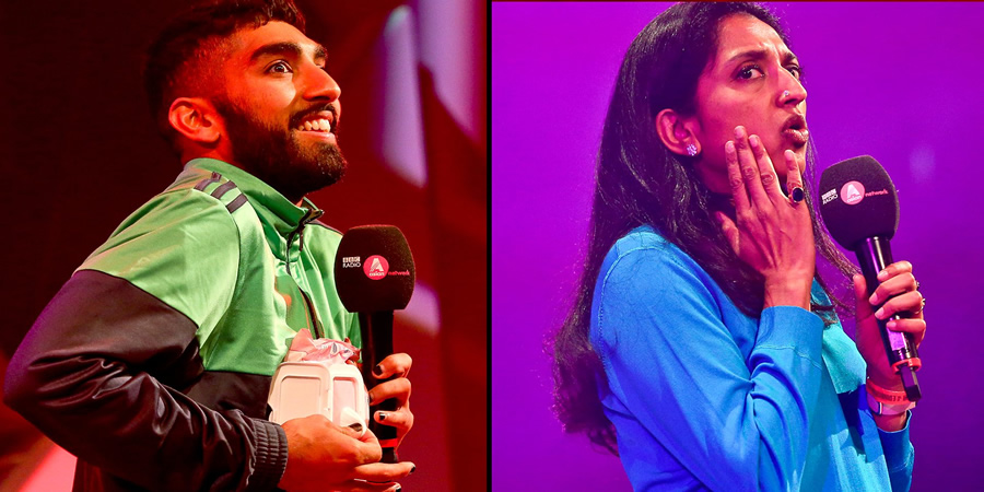 Asian Network Comedy. Image shows from L to R: Mawaan Rizwan, Sindhu Vee. Copyright: BBC. Asian Network Comedy. Image shows from L to R: Mawaan Rizwan, Sindhu Vee. Copyright: BBC.