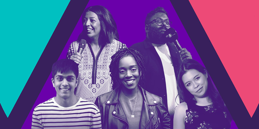 Asian Network Comedy. Image shows from L to R: Jamie D'Souza, Isma Almas, Athena Kugblenu, Sunil Patel, Ria Lina. Copyright: BBC. Asian Network Comedy. Image shows from L to R: Jamie D'Souza, Isma Almas, Athena Kugblenu, Sunil Patel, Ria Lina. Copyright: BBC.