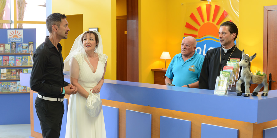 Benidorm. Image shows from L to R: Troy (Paul Bazely), Daisy (Frances Barber), Les / Lesley (Tim Healy), Mateo (Jake Canuso). Copyright: Tiger Aspect Productions. Benidorm. Image shows from L to R: Troy (Paul Bazely), Daisy (Frances Barber), Les / Lesley (Tim Healy), Mateo (Jake Canuso). Copyright: Tiger Aspect Productions.