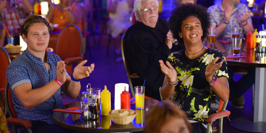 Benidorm. Image shows from L to R: Tiger Dyke (Danny Walters), Eddie Dawson (Bobby Knutt), Joey Ellis (Nathan Bryon). Copyright: Tiger Aspect Productions. Benidorm. Image shows from L to R: Tiger Dyke (Danny Walters), Eddie Dawson (Bobby Knutt), Joey Ellis (Nathan Bryon). Copyright: Tiger Aspect Productions.