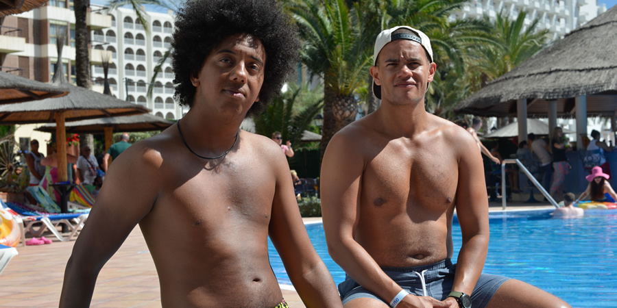 Benidorm. Image shows from L to R: Joey Ellis (Nathan Bryon), Callum (Julian Moore-Cook). Copyright: Tiger Aspect Productions. Benidorm. Image shows from L to R: Joey Ellis (Nathan Bryon), Callum (Julian Moore-Cook). Copyright: Tiger Aspect Productions.