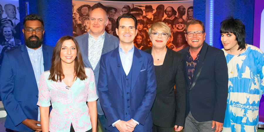 The Big Fat Quiz Of Everything. Image shows from L to R: Romesh Ranganathan, Romesh Ranganathan, Chelsea Peretti, Dara O Briain, Jimmy Carr, Eddie Izzard, Alan Carr, Noel Fielding. Copyright: Hot Sauce. The Big Fat Quiz Of Everything. Image shows from L to R: Romesh Ranganathan, Romesh Ranganathan, Chelsea Peretti, Dara O Briain, Jimmy Carr, Eddie Izzard, Alan Carr, Noel Fielding. Copyright: Hot Sauce.
